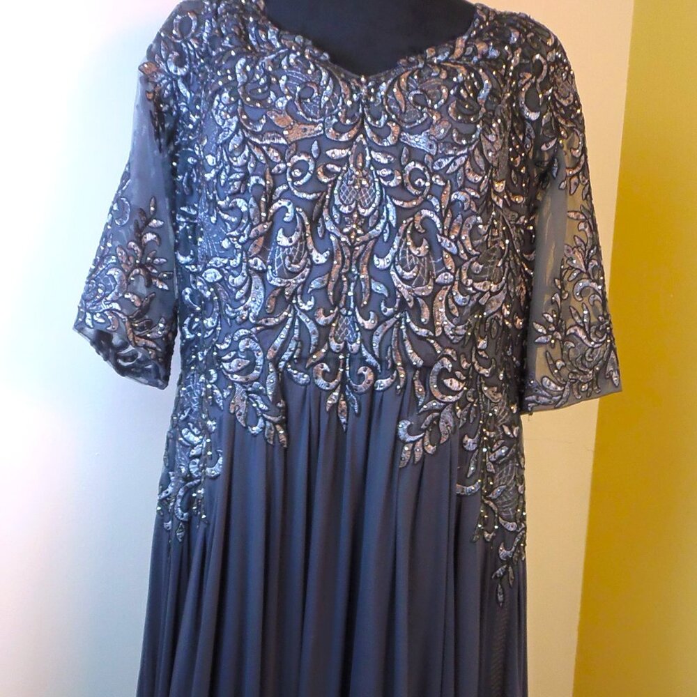 Madeline Gardner New York Slate Blue Women's 14 Embellished‎ Beaded Evening Gown